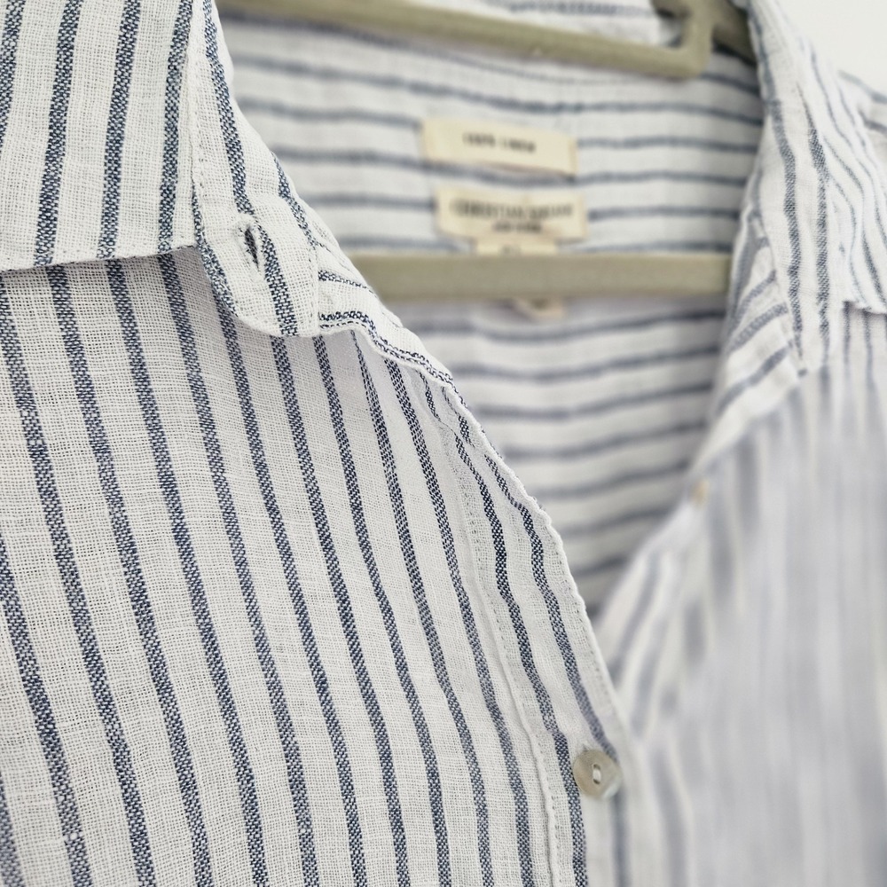 Christian Siriano L Womens Linen Striped Button Down Blue White Nautical Coastal - Picture 4 of 8